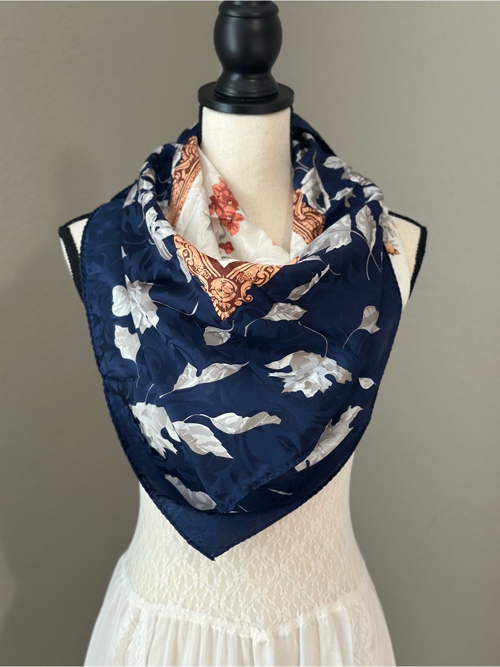 Vintage Laura Biagiotti Navy Floral Print Silk Scarf; made in Italy